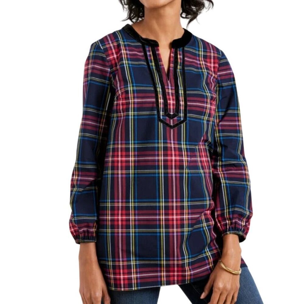 Talbots NWOT Split Neck Tunic Cabin Plaid Velvet Trim 100% Cotton Size 2Xp